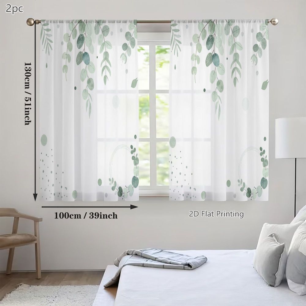 TEMU 2D-Flach, 2 Stk. kleine durchsichtige Vorhänge für Frühling/Sommer, zarter Eukalyptusblatt-Druck auf luftigem weißem durchsichtigem Stoff, für