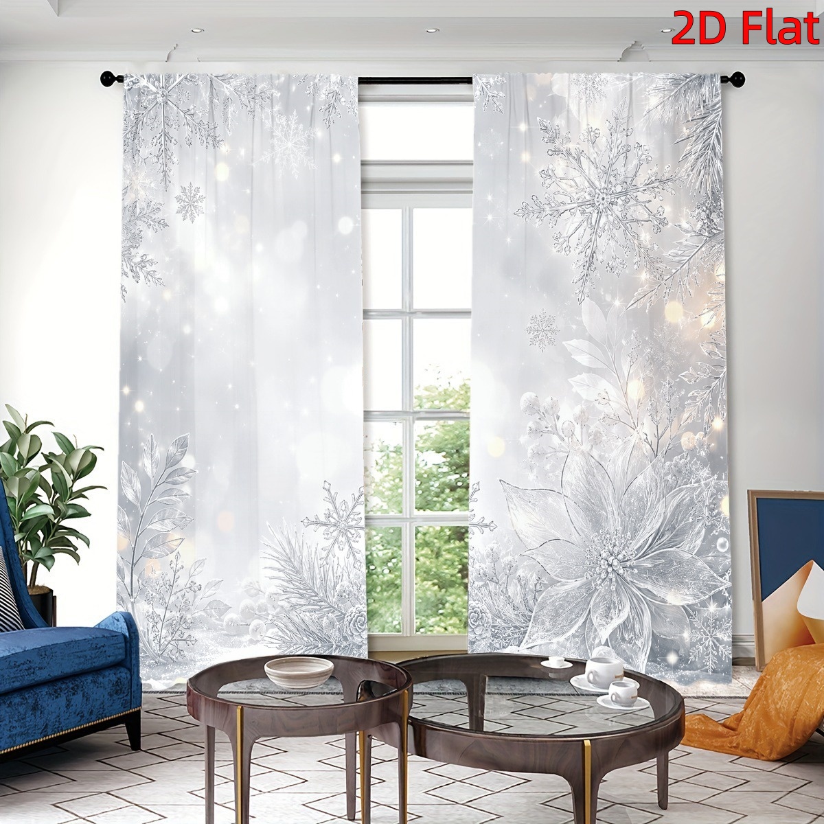 Image of 2d Flat, 2d Flat 2pcs Winter Snowflake Style Decor Light Filtering Curtains With Silvery , Christmas Holiday, Rod , For Room Bedroom Dormitory Decoration, 2d Flat