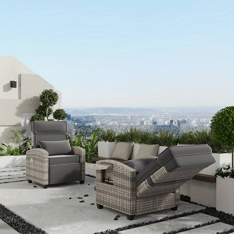 Outdoor Recliner Chair W/ Adjustable Backrest+Footrest, 150° Lay Flat Rattan Patio Recliner with Air Pump+Flip-Up Table+Removable Cushion