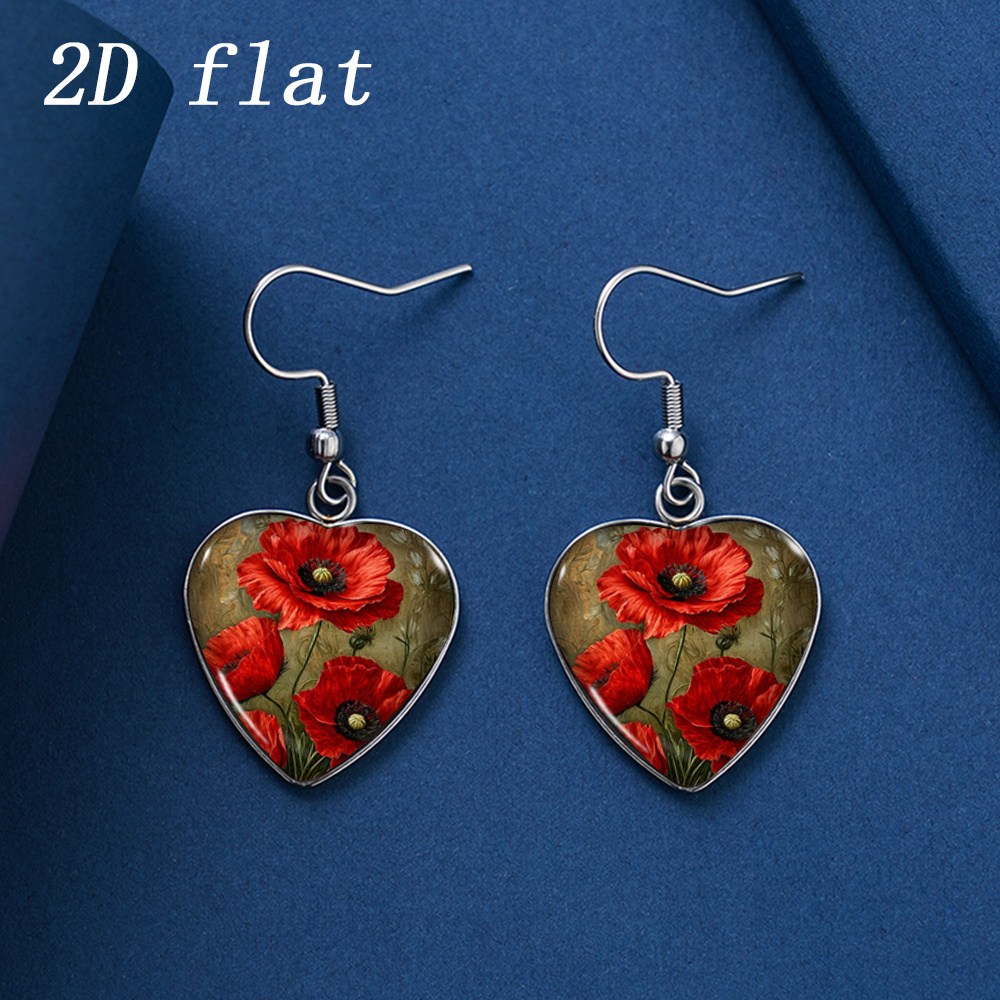 TEMU 2d Flat - 1 Pair Of Vintage Oil Painting Red Poppy Pattern Time Gem -shaped Earrings, Hypoallergenic Stainless Steel Ear Hooks, 2d Flat, Spring
