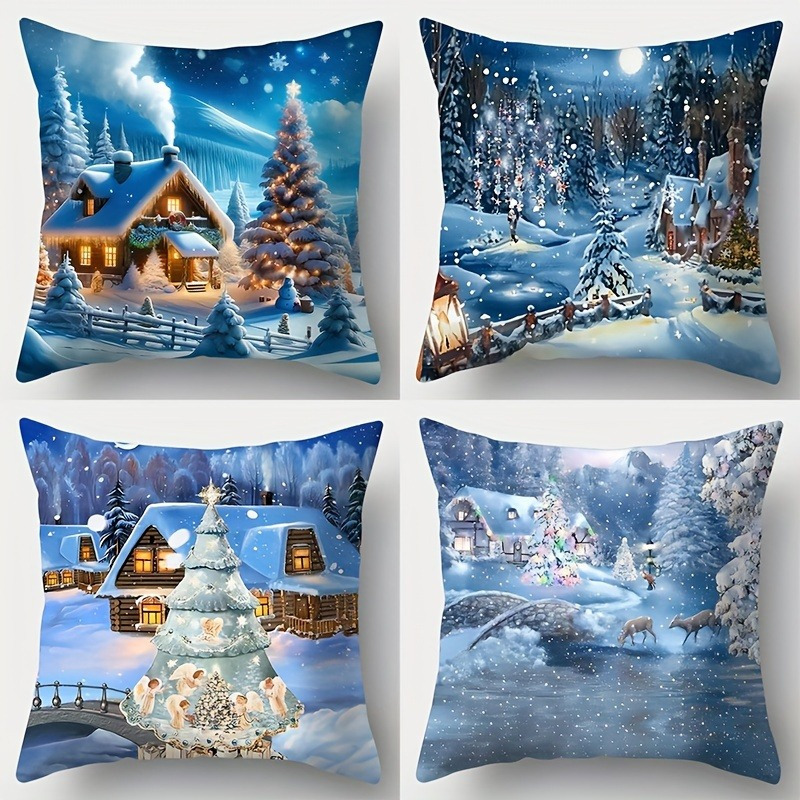 

4-pack Christmas Throw Pillow Covers, 17.7x17.7 Inches, Snowy Scenery Pattern, Zippered Polyester Cushion Cases, Vintage Style, Woven Fabric, , Machine Washable, For Living Room Decor