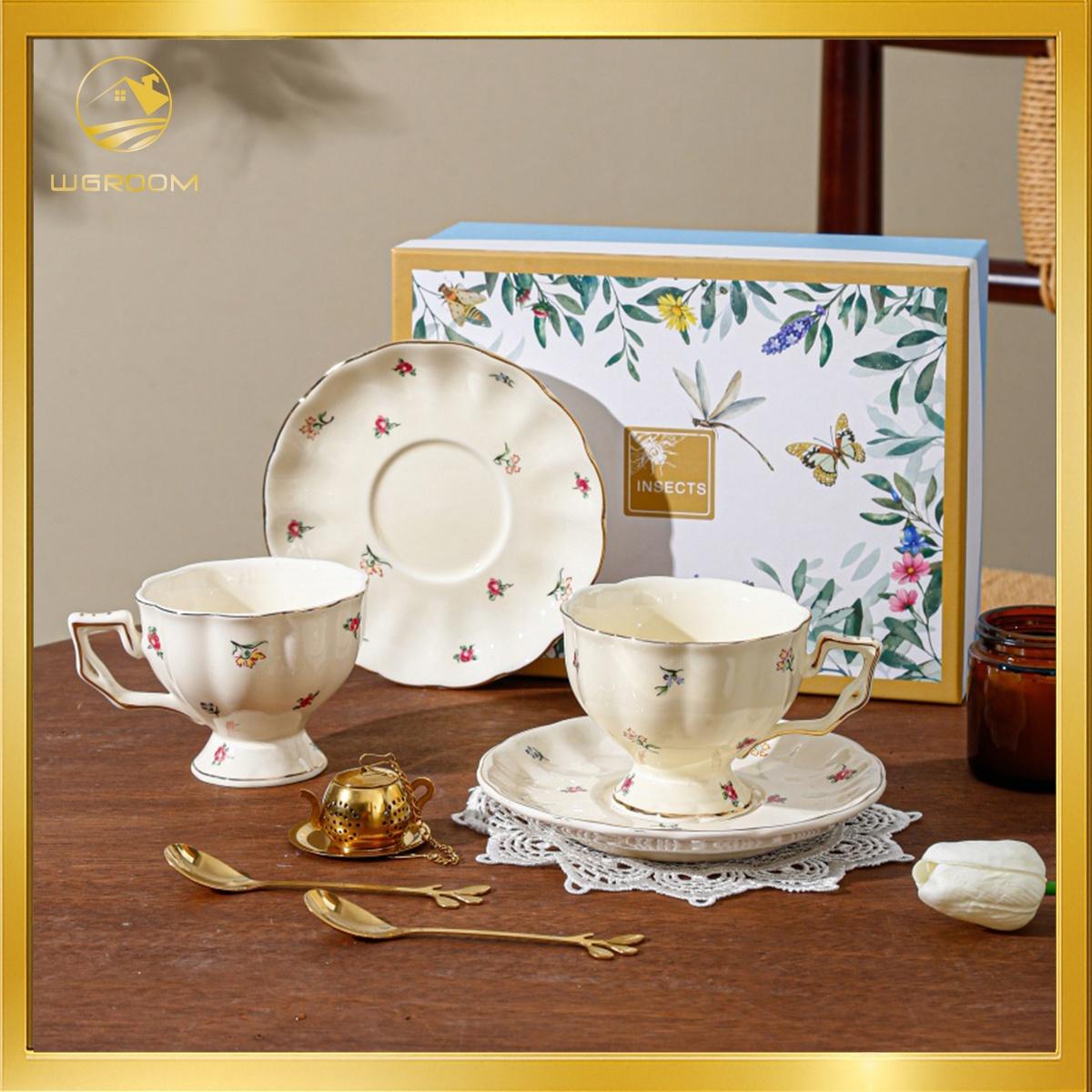 Set of 2 (One Cup, One Plate) And Set of 7 (Two Cups, Two Spoons, Two Pads, One Tea Strainer in a Gift Box). Ceramic Coffee Cups And Plates for Home Kitchens And Dining Rooms, Suitable for American Lattes, Coffee, Tea, And Water