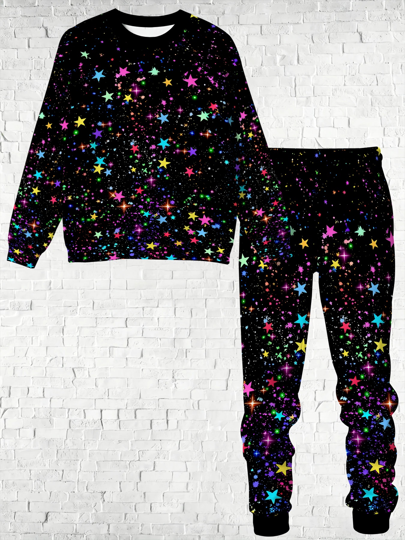 printed design not textured cool and colorful   print all over decorative element mens crew neck sweatshirt and long pants 2pcs set
