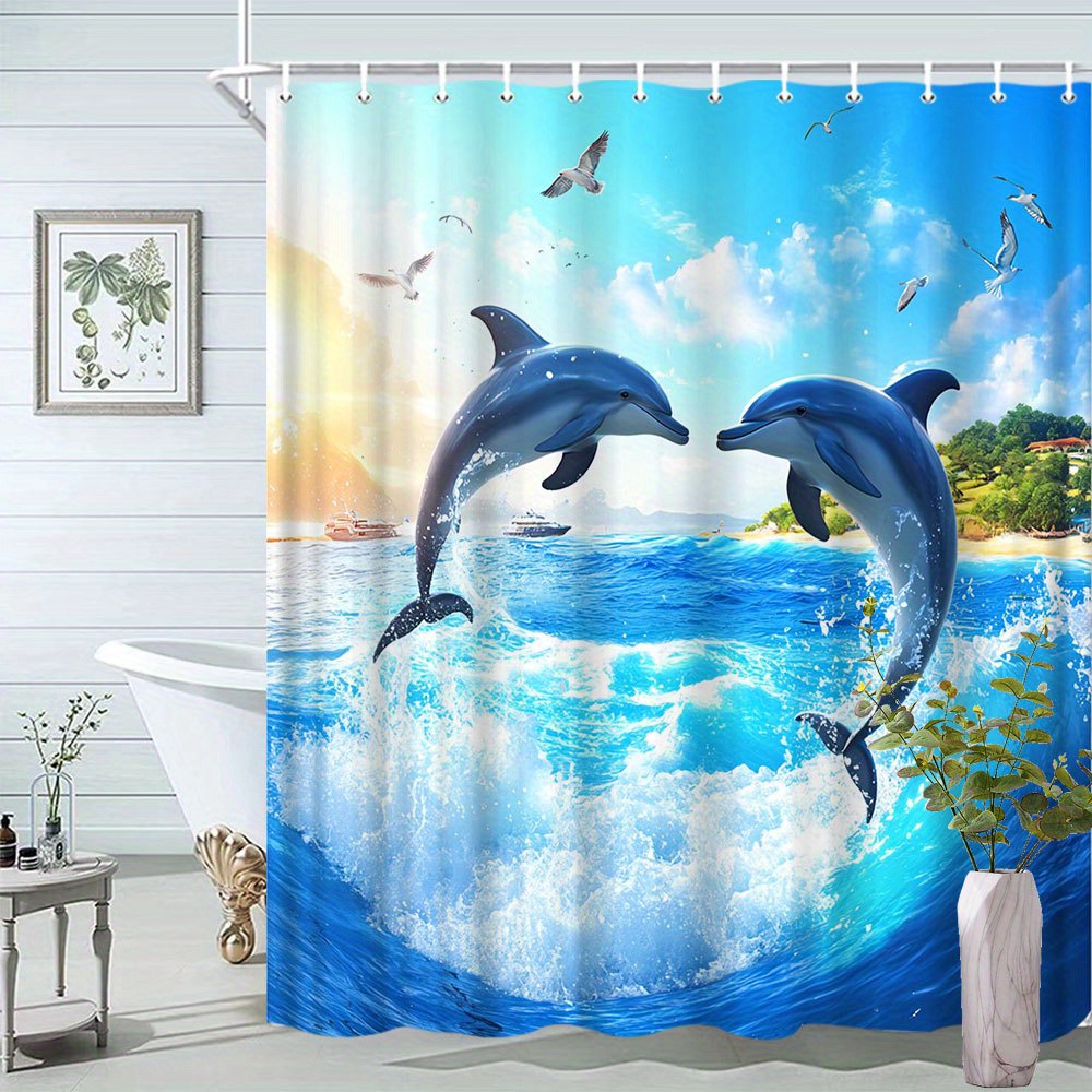 Dolphin Landscape Shower Curtain with Hooks, Animal Theme Decor