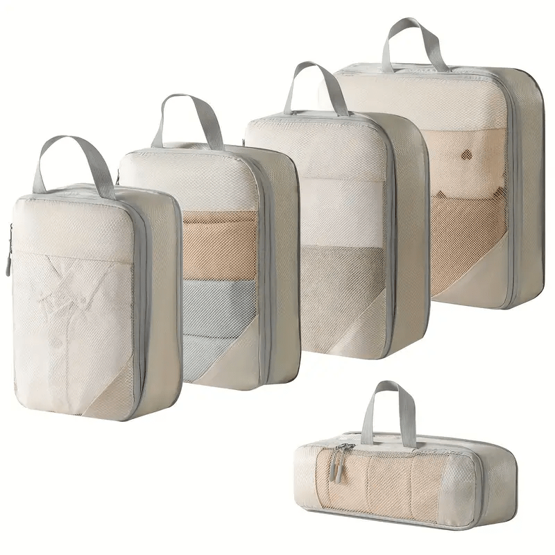 Set of 5 Lightweight Compression Packing Cubes for Travel, Durable Luggage Organizers in Beige and Black