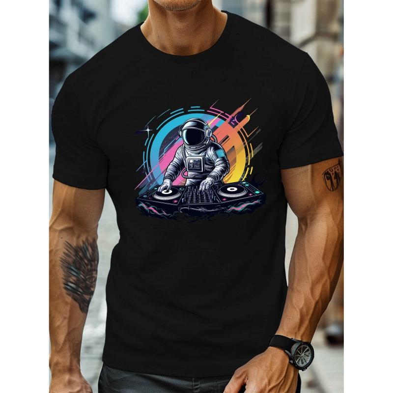 

Men's Astronaut Dj Graphic T-shirt - Polyester 100%, Casual Crew Neck, Short Sleeve, Stretch Knit Fabric, Geometric Pattern, Summer Top