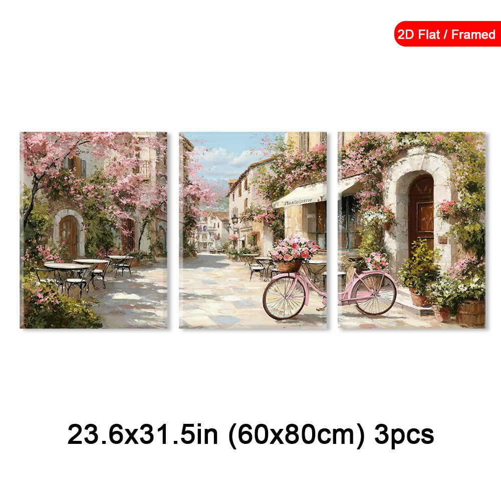 TEMU 2d Flat, 2d Flat, Set Of 3 Framed Canvas Art For Spring, Featuring A Pink Bicycle And Flower Basket, Ideal For Decor, Modern Vintage Posters For