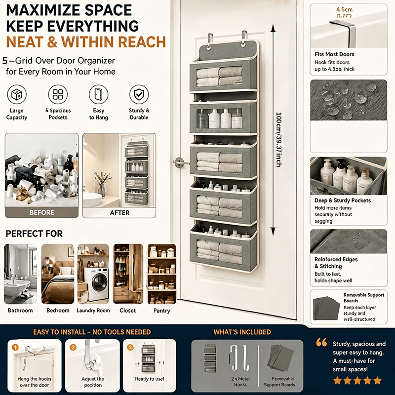 TEMU 3/4/5-grid Storage Pockets, Composite Thickened Fabric, Hanging Storage Box, Suitable For Doors, Walls, Bedrooms, Bathrooms, Food Storage, Space
