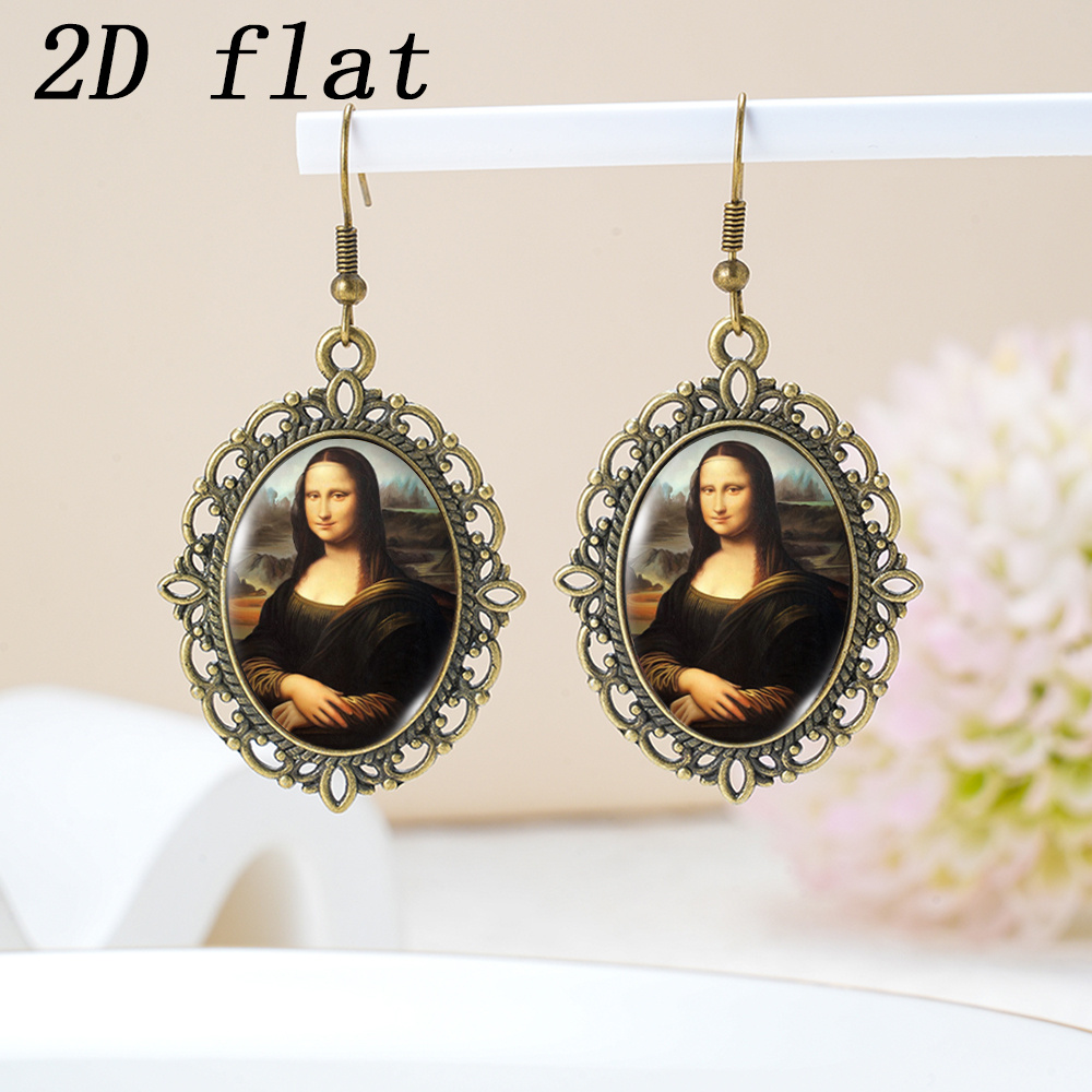 TEMU 2d Flat - 1 Pair Famous Painting Print Pattern Earrings, Oval Lace Framed With Time Gem Glass Inlay, Alloy Base And Iron Hooks, 2d Flat, Ear