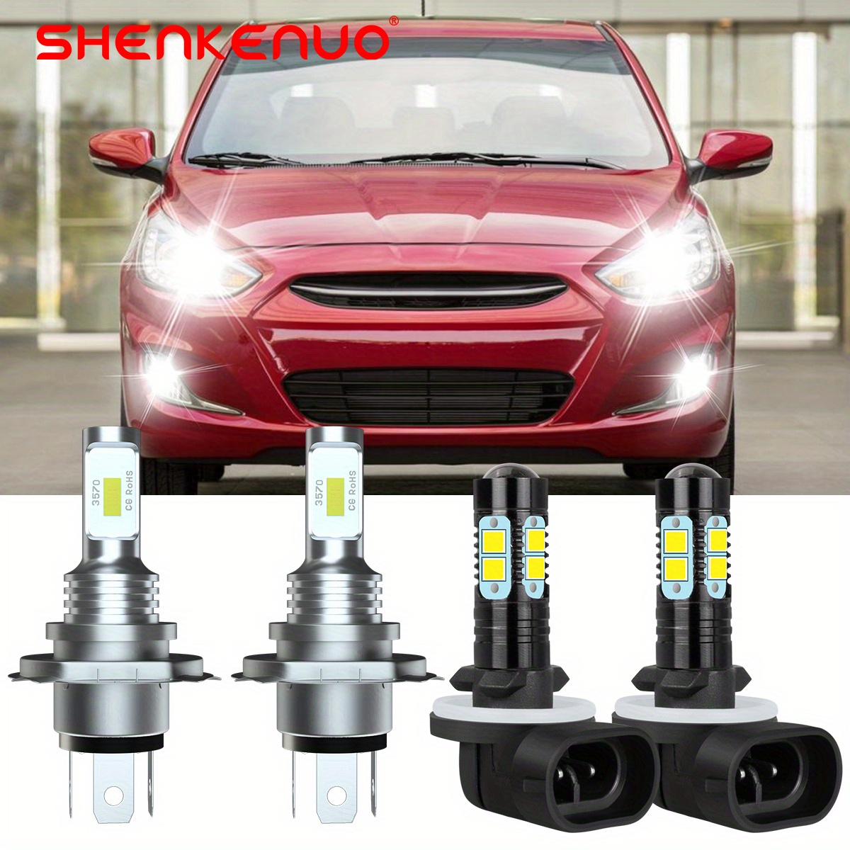 4pcs For Accent 2000-2017 Led Headlight Bulbs H4 Hi/ Lo + 881 Fog Light Bulbs Combo White Plug And Play, Without Battery