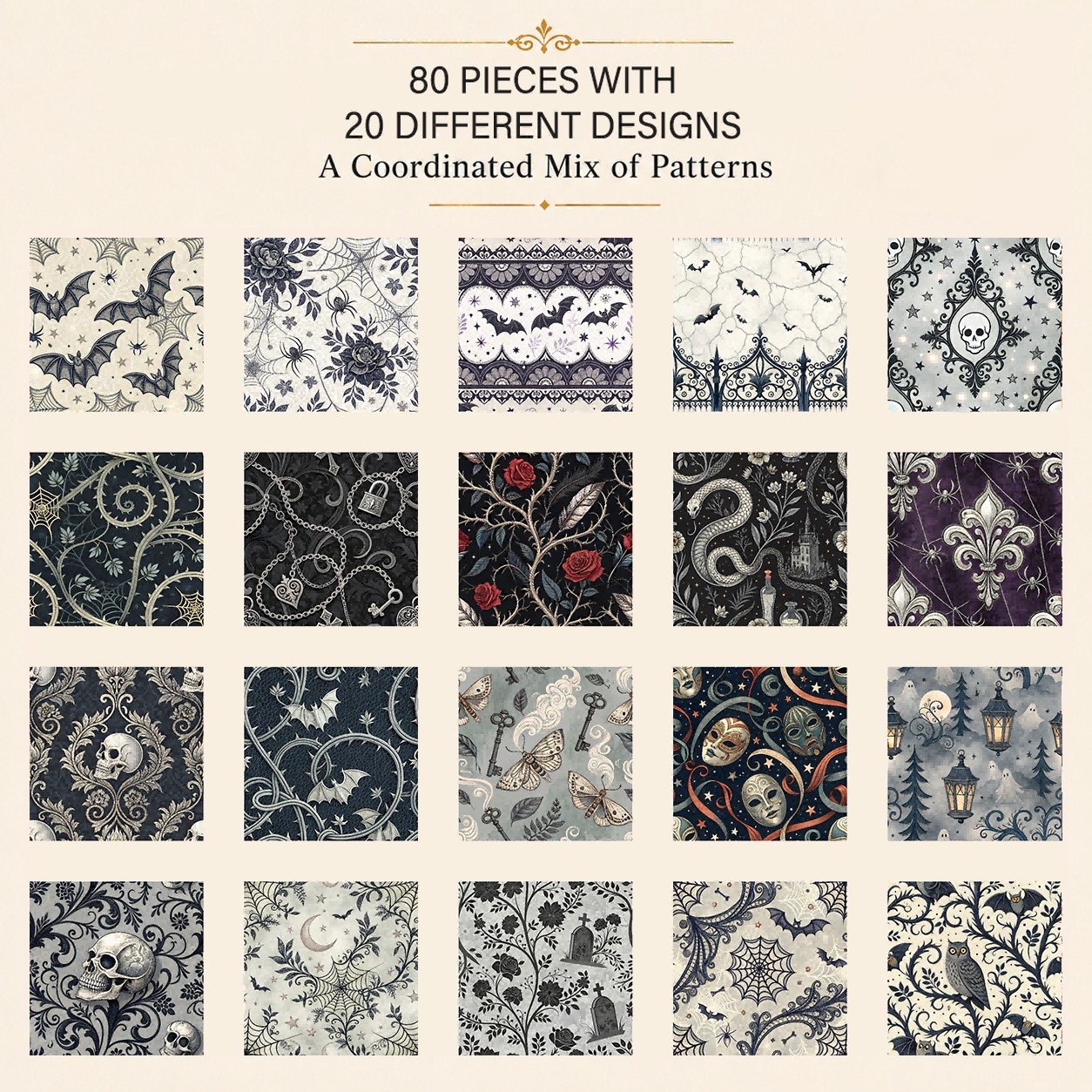 TEMU 80pcs 5"x5" (12.7cmx12.7cm) Retro Dark Gothic Halloween Printed Scalloped Edge Non-fraying, No Cutting Required For Sewing, Quilting Tote Bags,