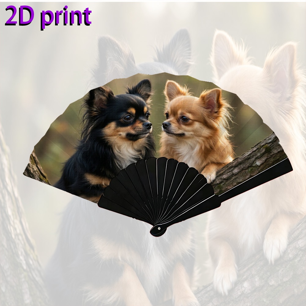 TEMU 2D Plat - 1pc Éventail Pliable Portable 7 pouces pour Hommes et Femmes, 2 Adorables Chihuahuas à Poils 2D, Refroidissement Portable, Convient