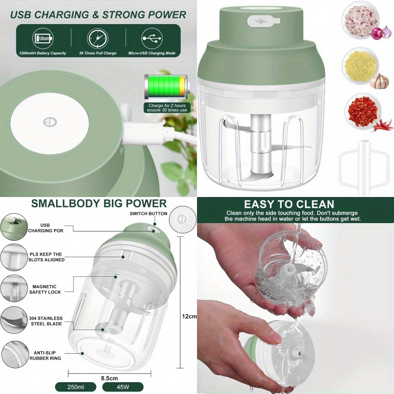 1-touch electric garlic chopper with usb-powered motor & 8.45oz large cup - 45w powerful mini food processor, safety lock, 304 blade & bpa-free pp bowl, compact portable design with ergonomic handle &   operation for garlic, onion, ginger, chili, meat, nuts, vegetables - ideal for small kitchens, camping, picnic, bbq (usb-powered, 3-hour charge) Product details 0