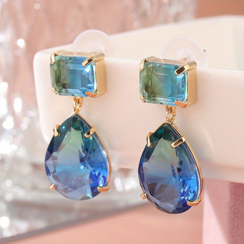 Image of Exquisite And Elegant Tears Zhuhai Blue Synthetic Zirconia Pendant Earrings, Fashionable Jewelry Accessories For Women's Banquets And Parties