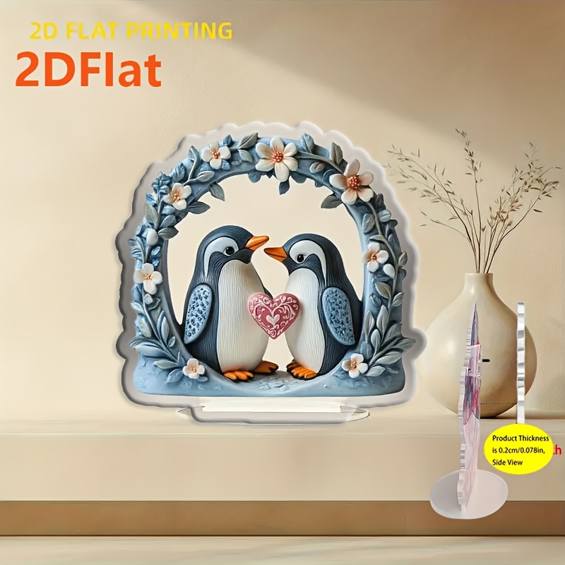 TEMU 2d Flat, Romantic Penguin Couple Ornament With Heart Arch & Wreath - Glossy Vinyl Tabletop Decor Suitable For Weddings, Anniversaries,