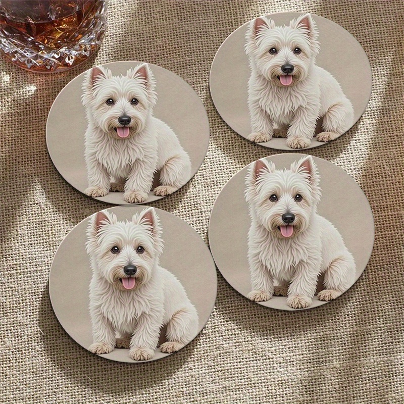 TEMU 4pcs Set Of West Highland Pattern Round Wooden Coasters - Heat-resistant Material, Hand Wash Only, Cute Dog-themed Table Protectors, Essential