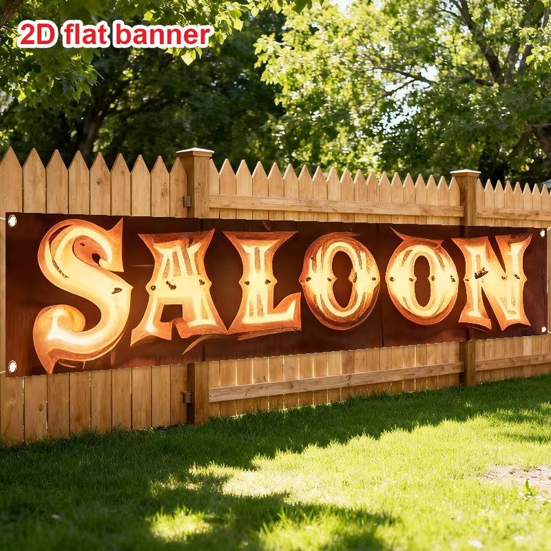 TEMU Bannière de salon 2D plate - 1 pièce, logo 2D plat conçu pour une fête sur le thème du cowboy . Cette bannière décorative en polyester, style