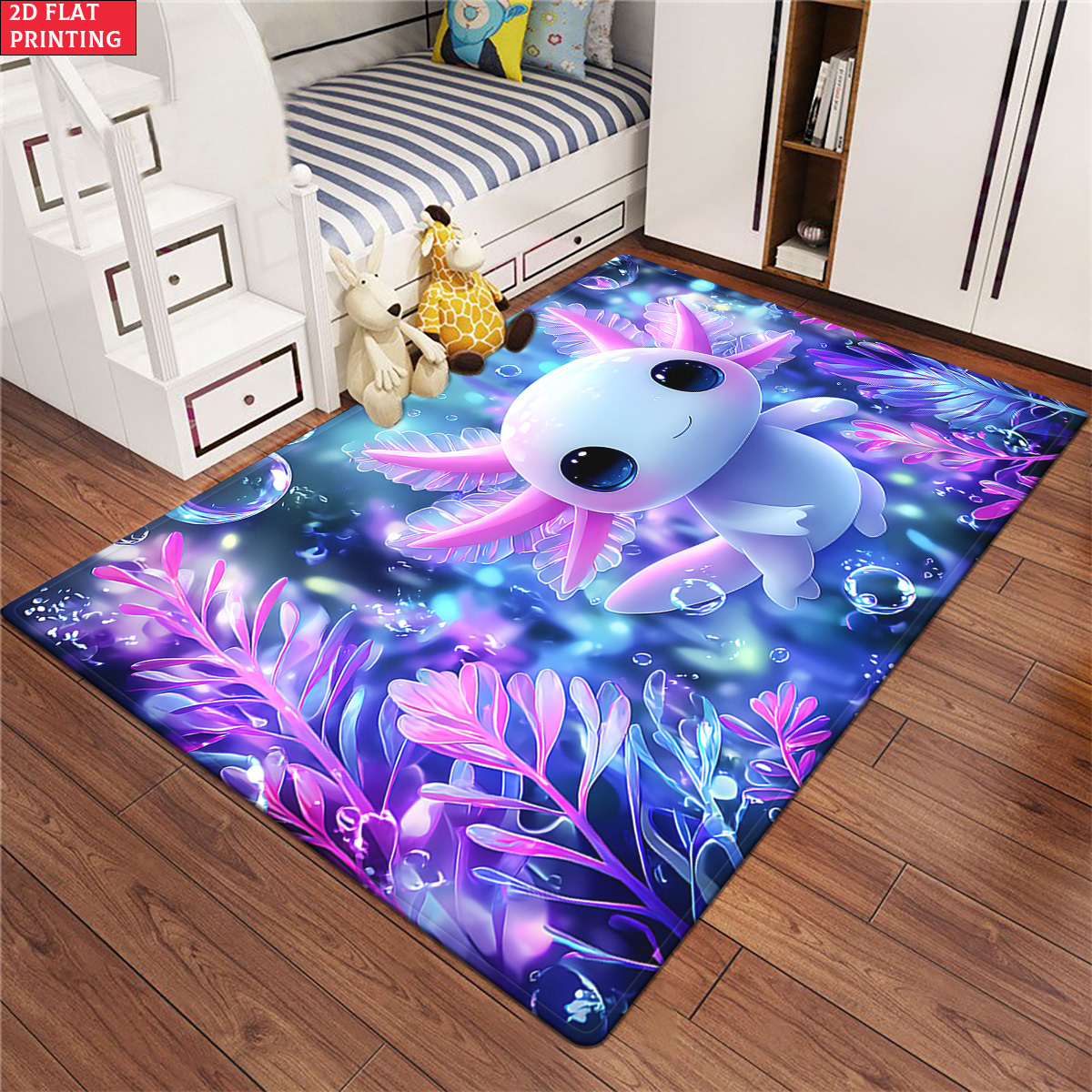 TEMU 2d Flat 1pc 850gsm Velvet Cute Axolotl Hd Printed Indoor Rugs, Yoga Mat, Non-slip Bathroom Mats, Absorbent Machine Washable Polyester Rug For
