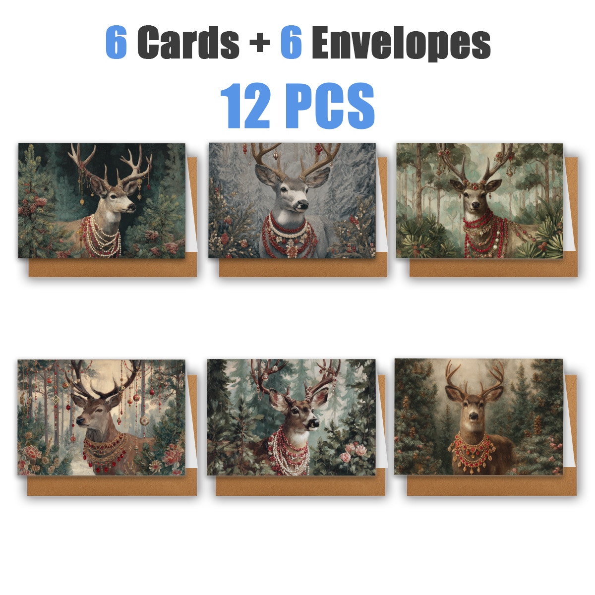 TEMU 1set/ 12pcs/ 24pcs Christmas Deer Head With Jewelry And Forest Background Greeting Card | Includes Envelope, Greeting Card | Perfect For
