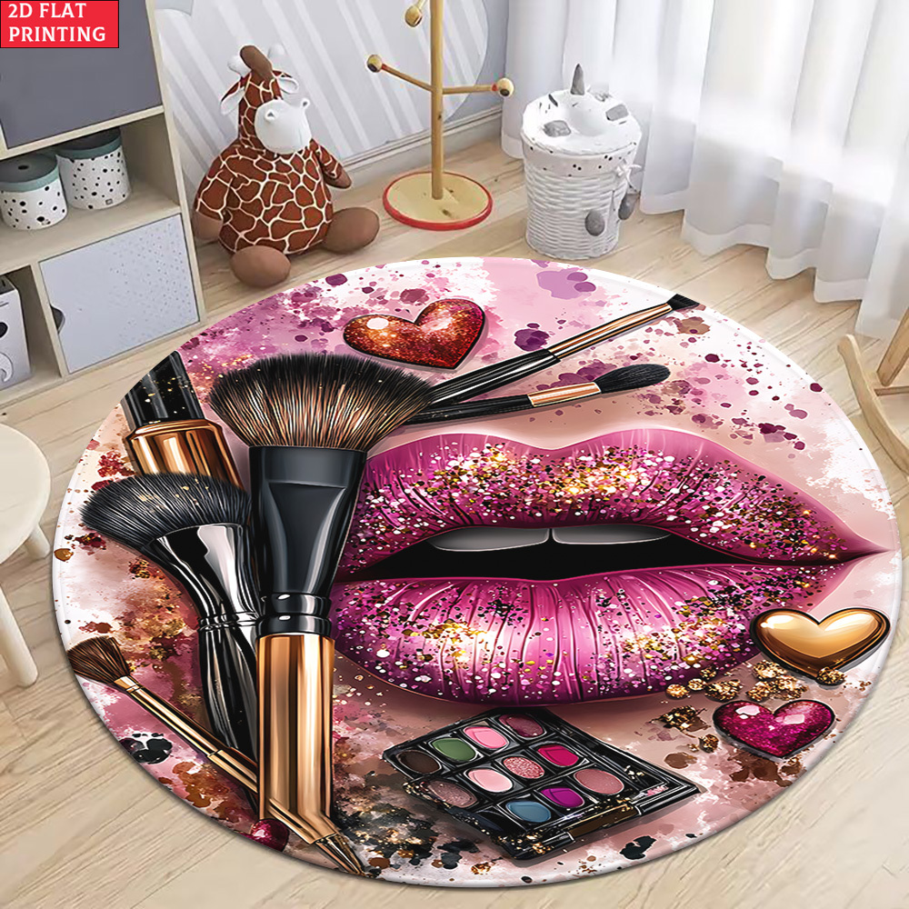 TEMU 2d Flat 1pc 850gsm Makeup Lips Hd Printed Round Carpet, Kitchen Rugs, Yoga Mat, Non-slip Bathroom Mats, Absorbent Washable Polyester Rug For