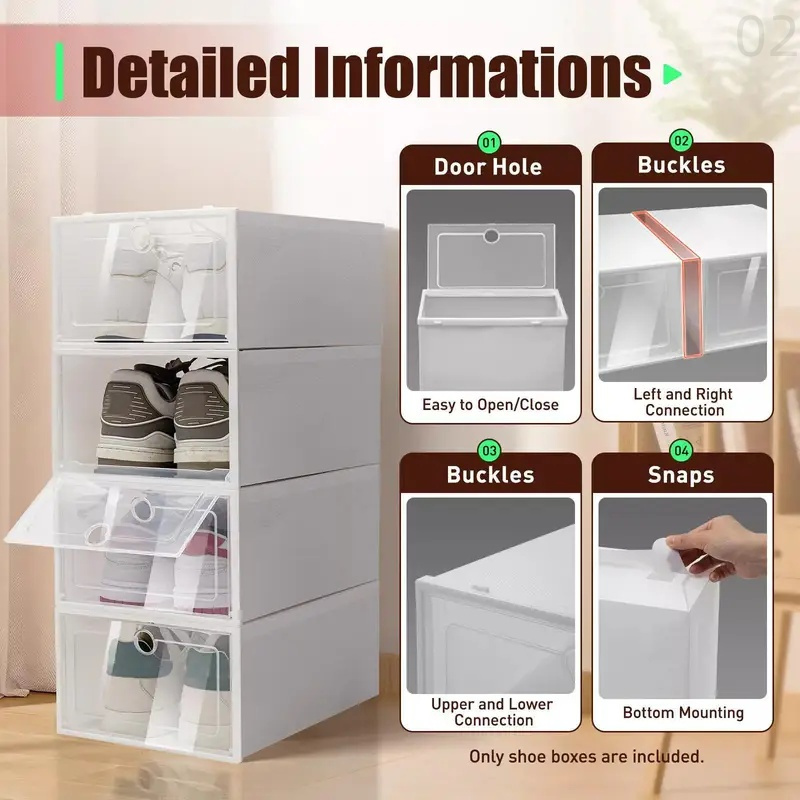 6 clear plastic shoe boxes, folding shoe cabinets, multifunctional design, thickened plastic, not waterproof,  , dustproof integrated shoe storage,   shoe rack for bedroom,  , bathroom, office, living room, home storage details 1