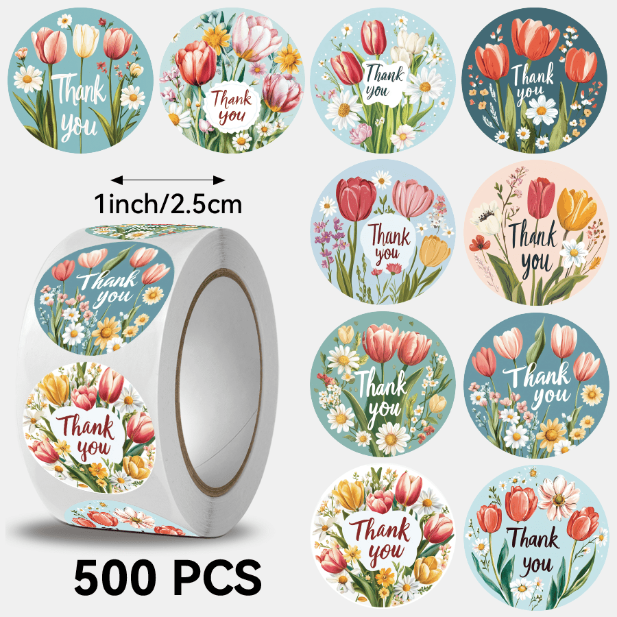 E-shop 500 Stk./Rolle, Tulpen "Danke" Muster Aufkleber, Blumendesign, "Happy Valentine's Day", Größe 2,5 cm/1,0 Zoll, Runde Form, Unverzichtbar für