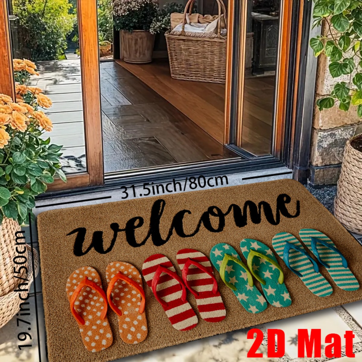 TEMU Felpudo, Felpudo 2D 1 pieza, Felpudo de bienvenida tropical con chanclas - Tapete antideslizante para baño, Decoración para uso interior y