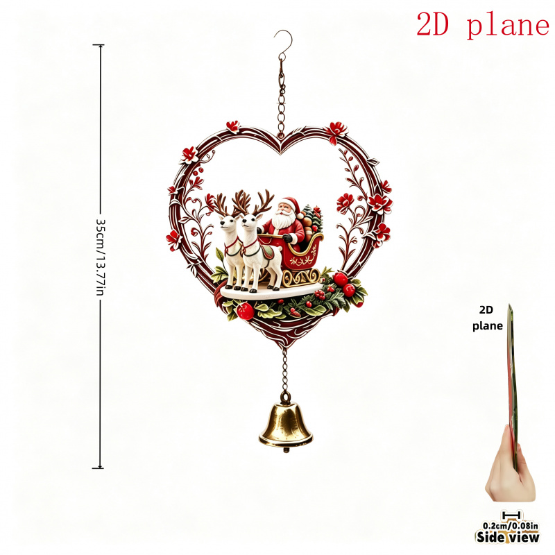 TEMU Handcrafted Metal Wind Chime With Heart-shaped Wreath, Santa Claus, Reindeer, Sleigh, And Single . Designed For Outdoor Hanging Decoration On