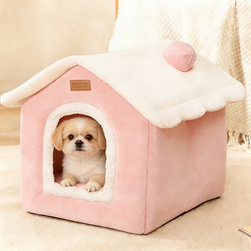 TEMU 1 Pink Cute House-shaped Pet Bed, Style For Pets, Removable And Washable Closed Design, Comes With Cushion And Foldable, Suitable For Small,
