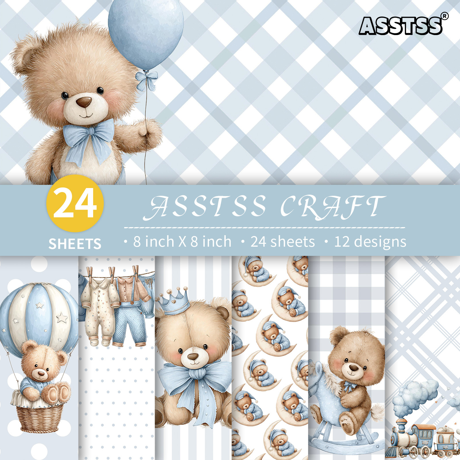 TEMU Bloc de papel para scrapbooking ASSTSS de 24 hojas con estilo de bebé osito de peluche azul pequeño, adecuado para journaling, de collage,