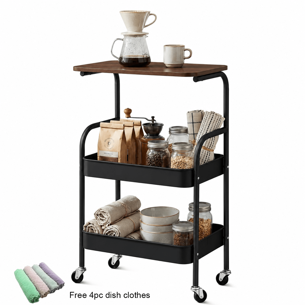Rolling Side Table With 2 Storage Baskets, Compact Mobile Utility Cart With Wood Top And Wheels For Living Room, Bedroom, Bathroom And Kitchen