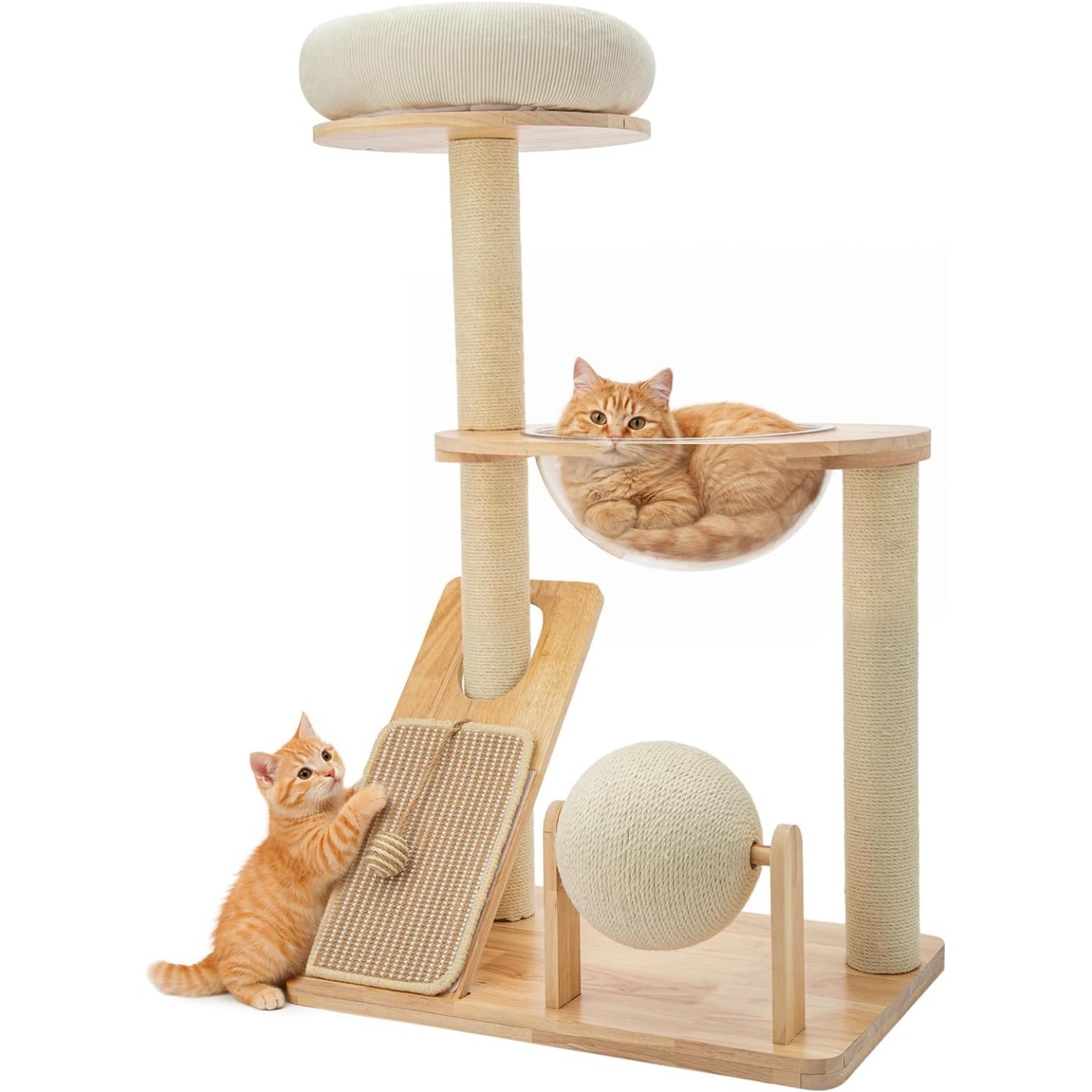96cm Cat Tree Stable With Slanted Scratching Ramp, Sisal Ball, Rolling Toy, Top Bed & Transparent Capsule For Cats And Kittens, Large Cat Tree, Cave, Cat House