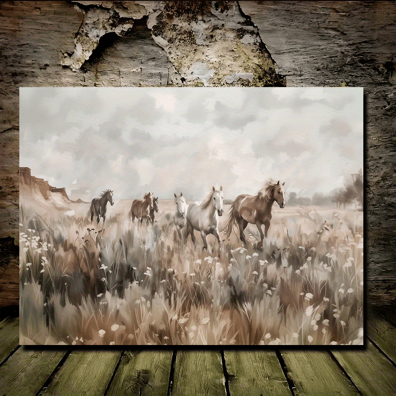TEMU [2d Flat] Canvas Print Featuring 2d Vintage Wild Horses And A Southwestern Landscape - Framed Wooden Wall Art Ideal For Living Room Decoration,