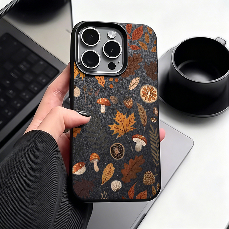 Image of Phone Case - Autumn Maple Leaf Mushroom Botanical Pattern Leather Texture Case, Fits Iphone 11 12 13 17 Pro . Soft Bumper With Large Lens Cutout, Raised Edges, Anti-slip Grip. A Gift For Family