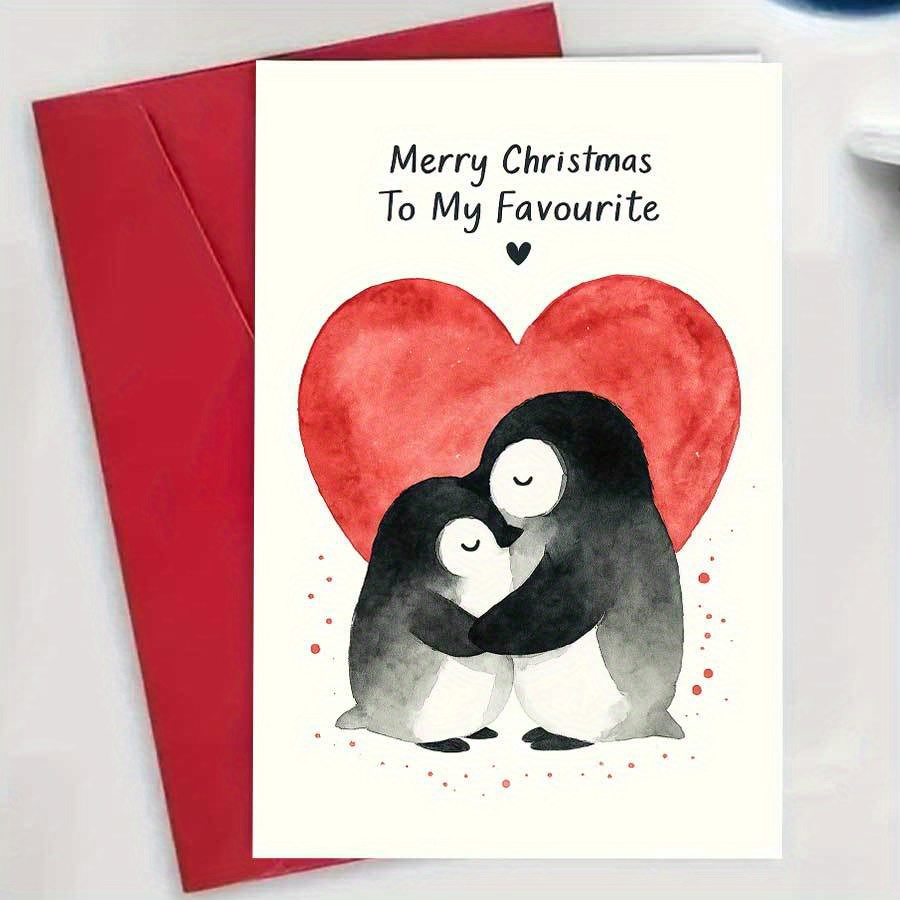 Image of 1pcmerry Christmas Card With Hugging Penguins And Heart Perfect For Couples Holiday Greetings And Romantic Christmas Wishes Gift Ideaenvelope + Greeting Card