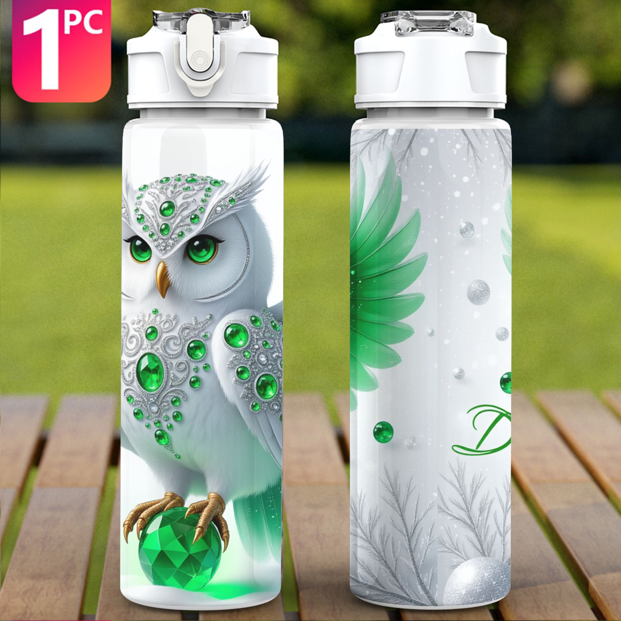 Plastic Owl Snowy Scene Green Gems Themed Printed Cartoon Water Bottle With Zy750pl58