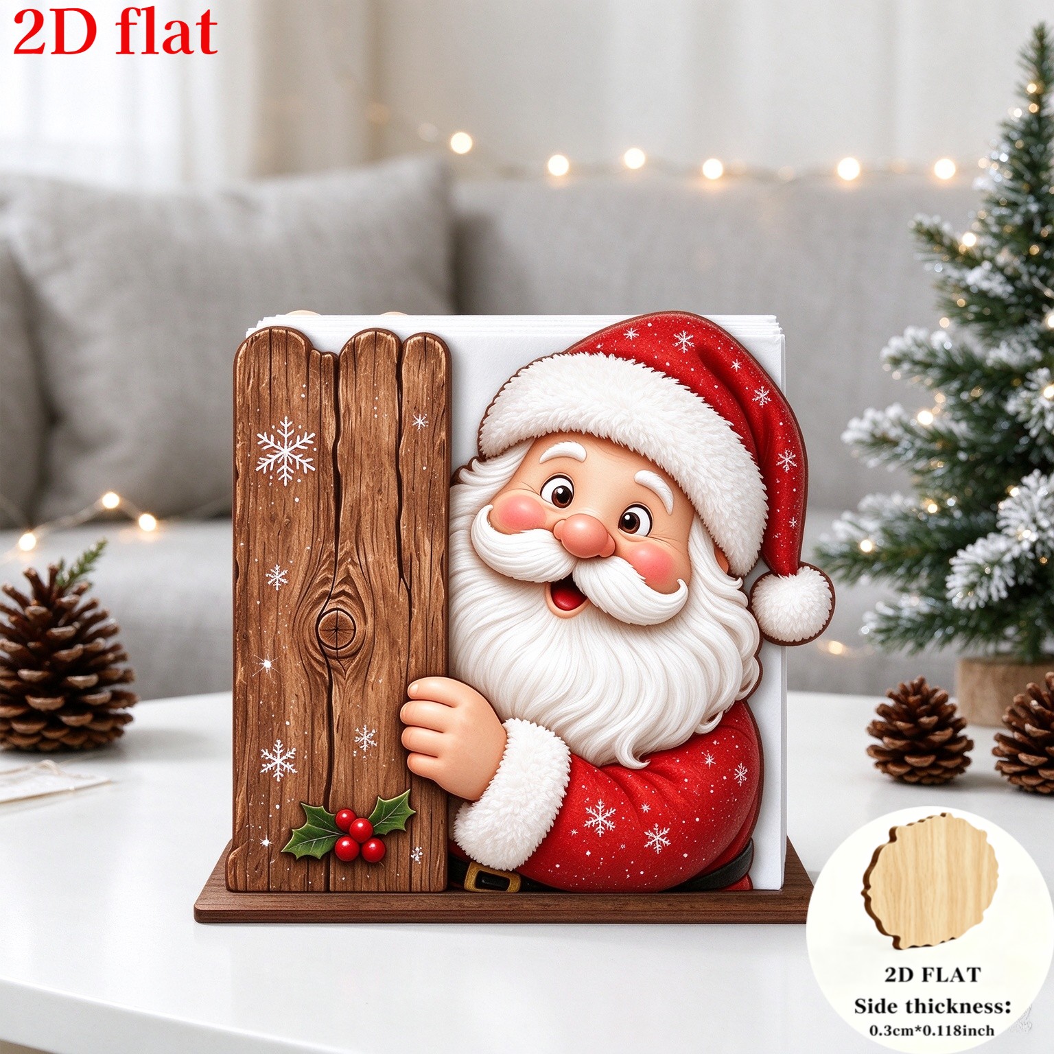 TEMU 2d Flat, 1pc Wooden Napkin Holder, Featuring A Peek-a-boo Santa Claus Design, A Tissue Box Decoration With A Cute Hiding Santa Claus With