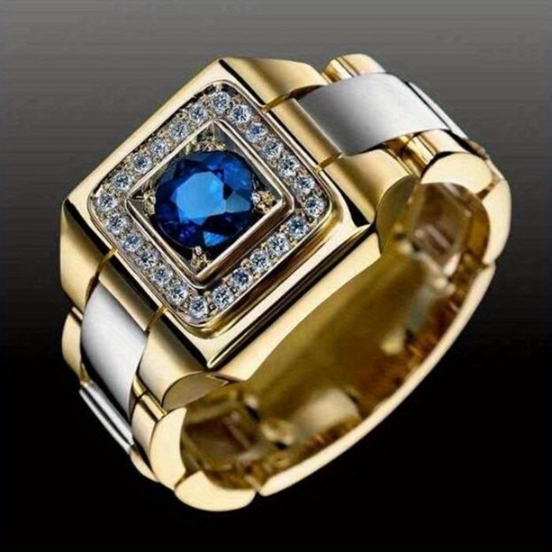 Image of Trendy Personality Inlay Blue Synthetic Gemstone 2 Tone Wide Ring For Women Men Daily Casual Wear Gothic Accessories Engagement Wedding Ring Jewelry Gifts