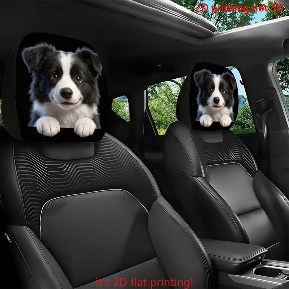 TEMU 2d Printed, 2pcs Double-sided Printed Cute Border Collie Dog Car Headrest Covers. Suitable For Most Car Models' Interior Decoration. Stylish And