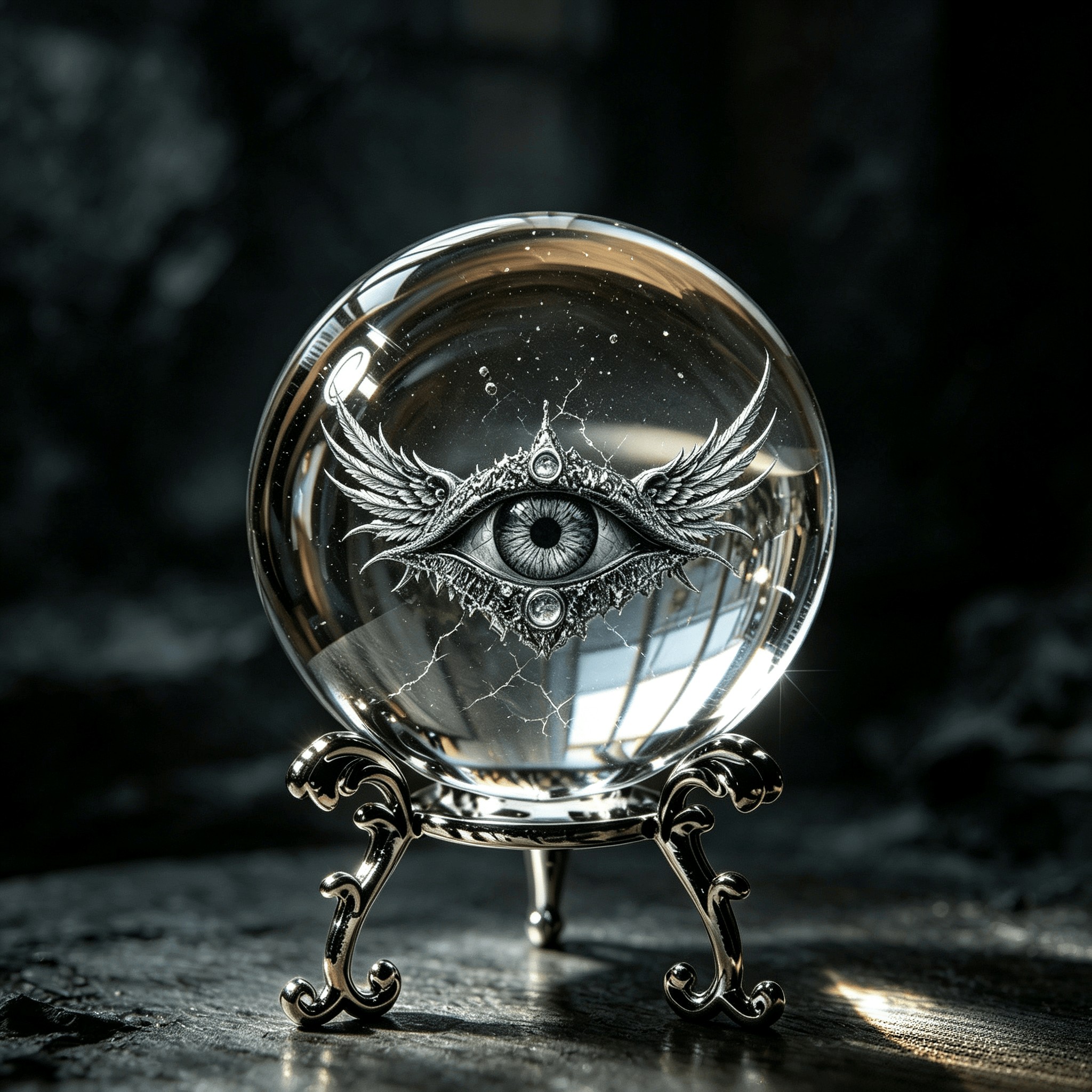 TEMU 3d Laser-engraved All- Eye With Wings Crystal Ball Ornament, Vintage Carved Metal Stand, Transparent Crystal Craft, Dark Atmosphere Desktop