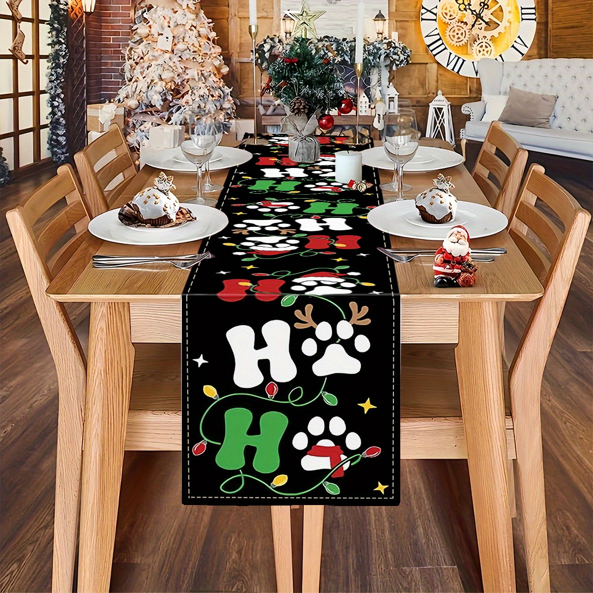 

1pc Christmas Paw & Hat Table - Polyester For Dining Decor, Tablecloth, Sideboard , Placemat, Suitable For Decorations, Banquets, Party Supplies