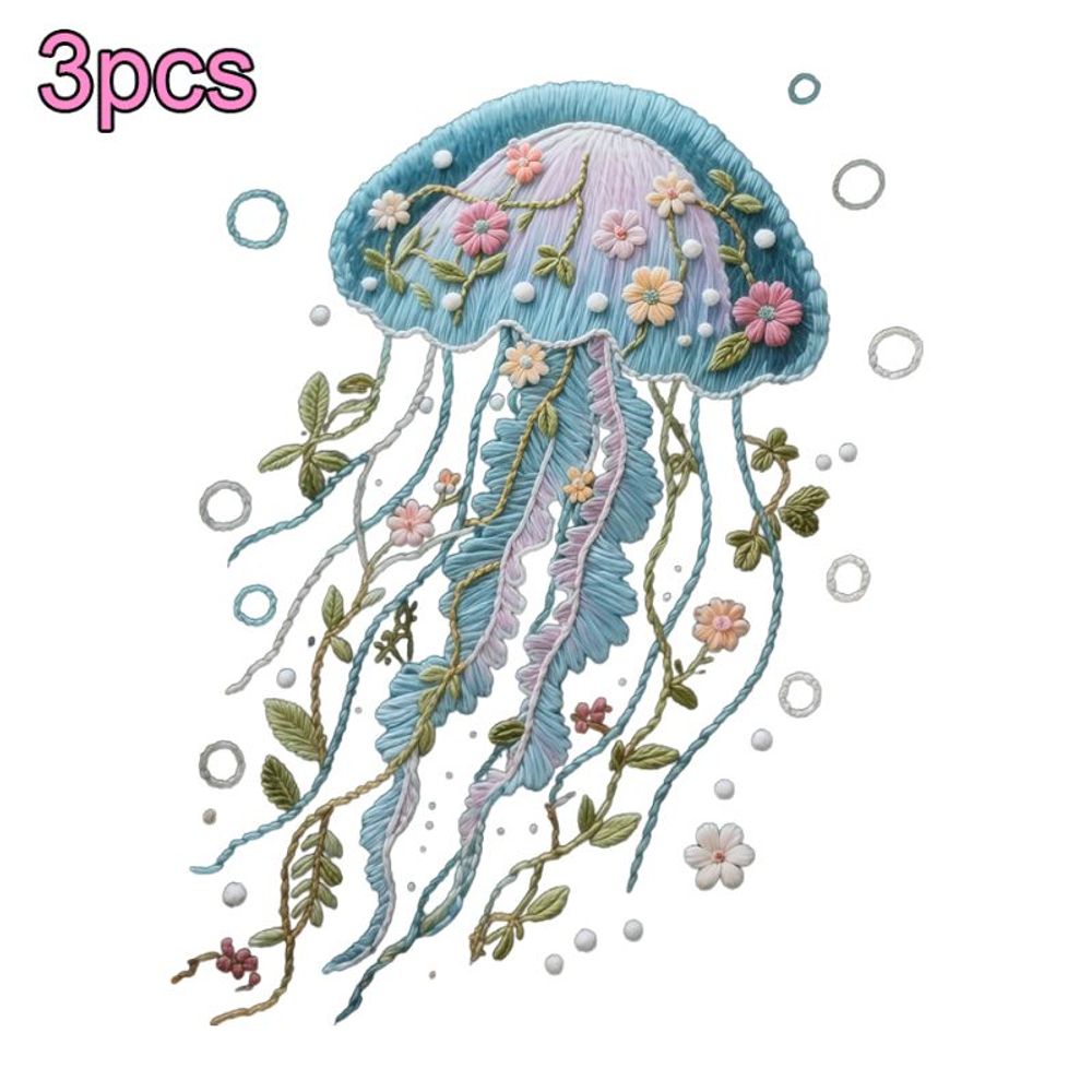 TEMU 3pcs 2d Flat Heat Transfer Stickers Compatible For Iron-on Transfers Heat Press Appliques - Whimsical Jellyfish With Flowers And Vines Design,