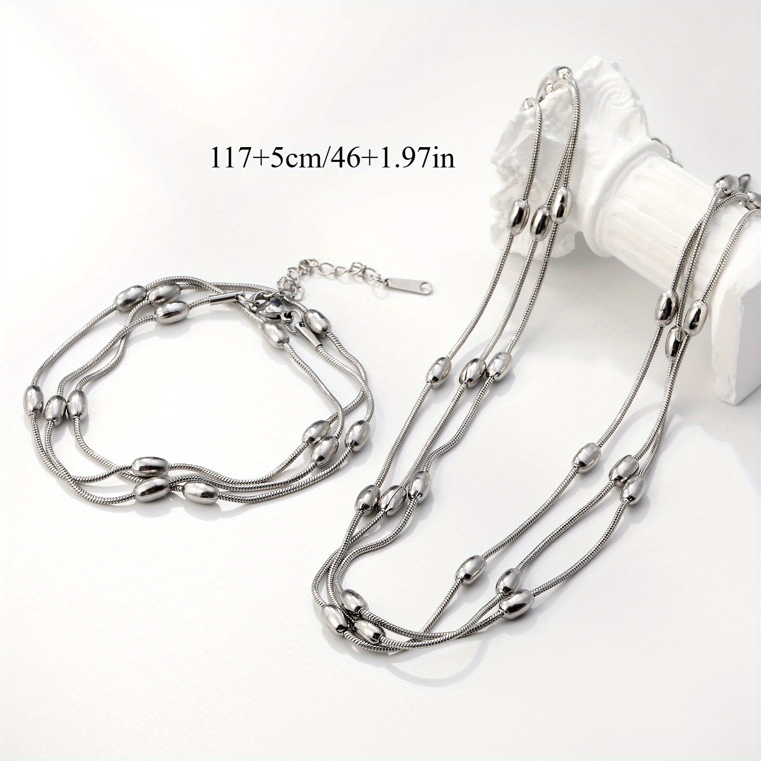 2pcs Stainless Steel Stackable Necklace Bracelet Set for Wedding Party Gift