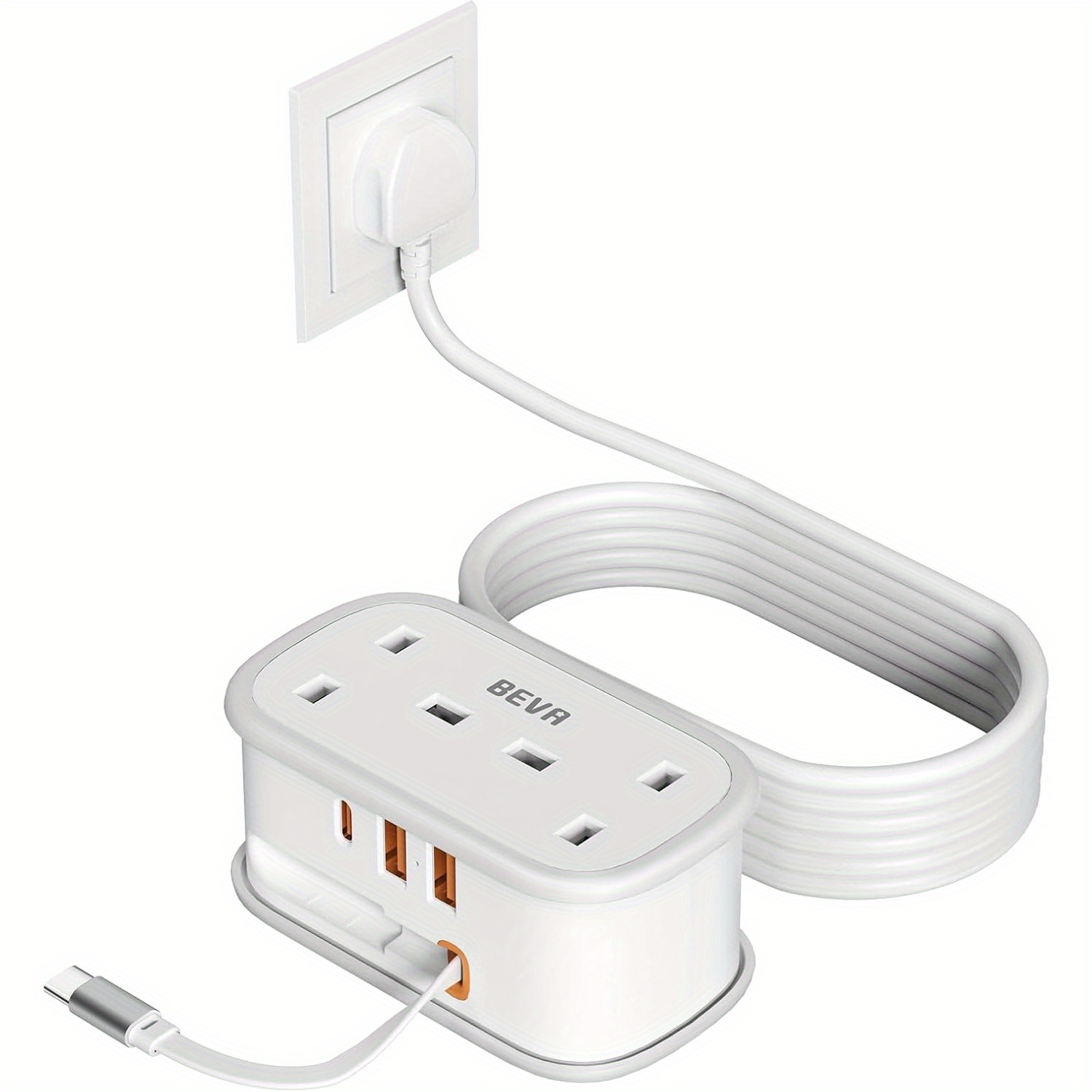 TEMU Travel Extension, 1.5m Extension Cable Cords, Power Strip With Retractable Usb C Cable, 2-way Power Socket With 3 Usb Ports (1 Usb C), For Hotel