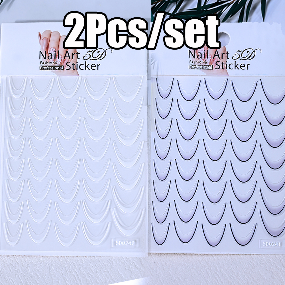 Image of 2pcs/set 5d Valentine's Day French Gradient Line Nail Stickers Self-adhesive Slider Nail Decals U-shaped Striped Nail Stick