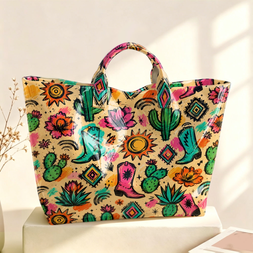 TEMU 1pc Large Capacity Glossy Pvc Tote Bag Suitable For Shopping, Office & Outdoor Picnic - Western Cactus Cowboy Boot & Sun Print Handbag, Cream
