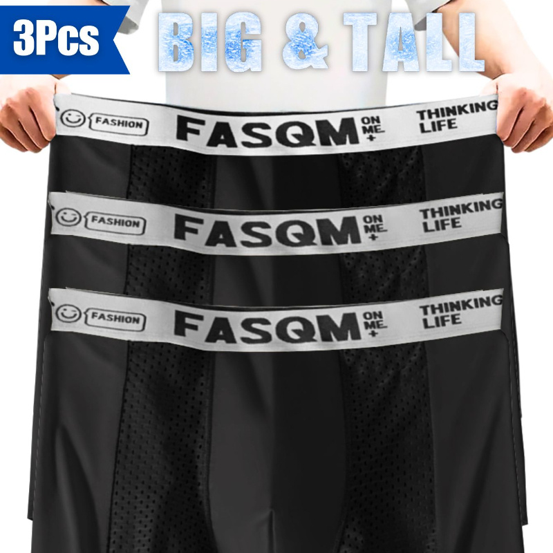 

3pcs Plus Size Men's Icy Charm Comfy Boxers , Mesh Patch Breathable Comfy Stretchy Trunks, Men's Casual Plain Color Underwear Green Black Deep Gray Color Letter Print Waist Band, Plus Size