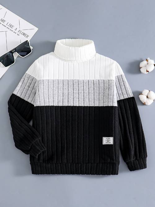 targeted boys sweater casual round neck high neck contrast color design spring autumn boys pullover striped solid color long sleeve sweater back to comfortable winter warm casual fashion top holiday gift knit