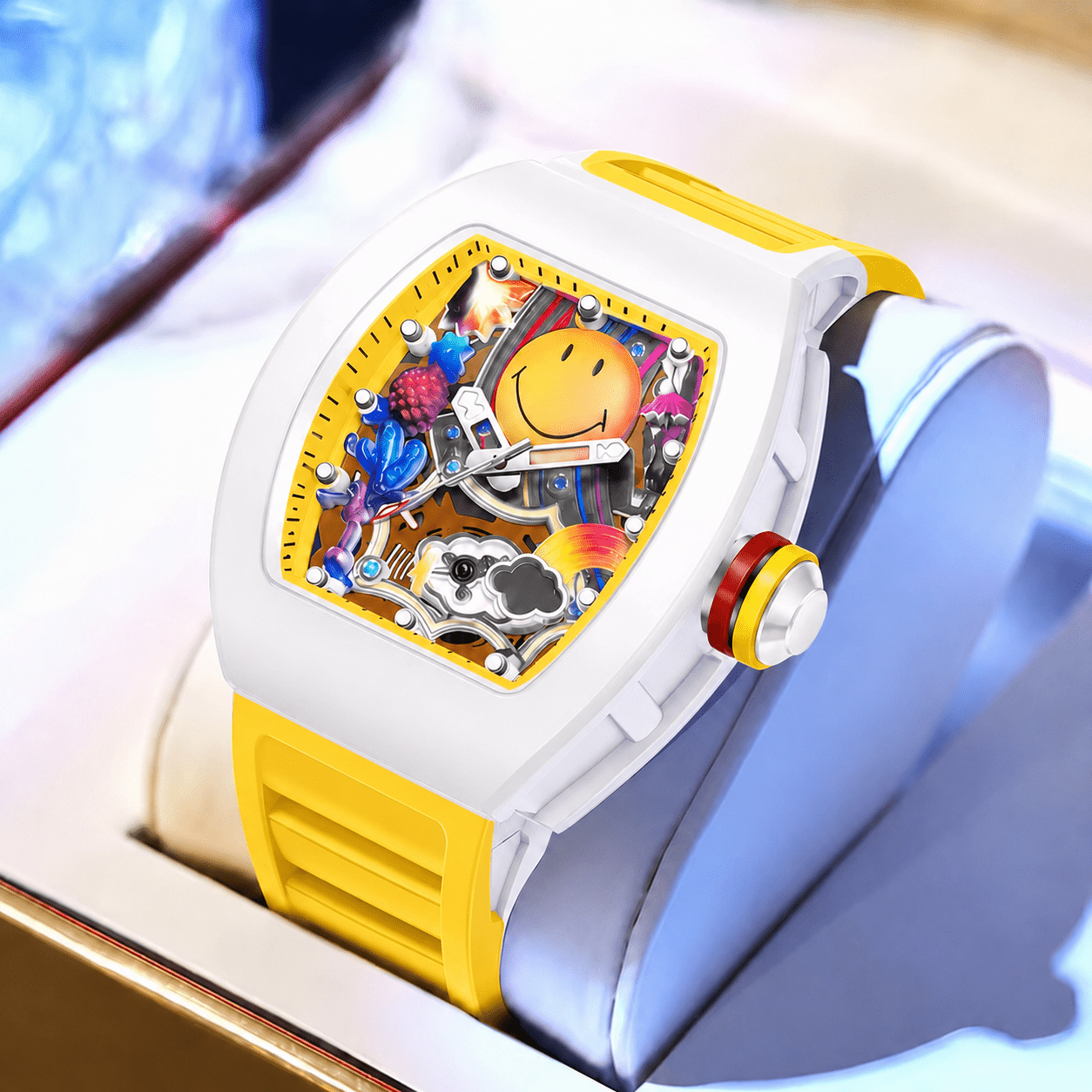 Image of 1pc Colorful Smile Dial Watch, White Tonneau Case, Soft Strap, Creative Skeleton Style, Casual Fashion Wristwatch For Men And Women, Daily Wear And Gift , Without Battery