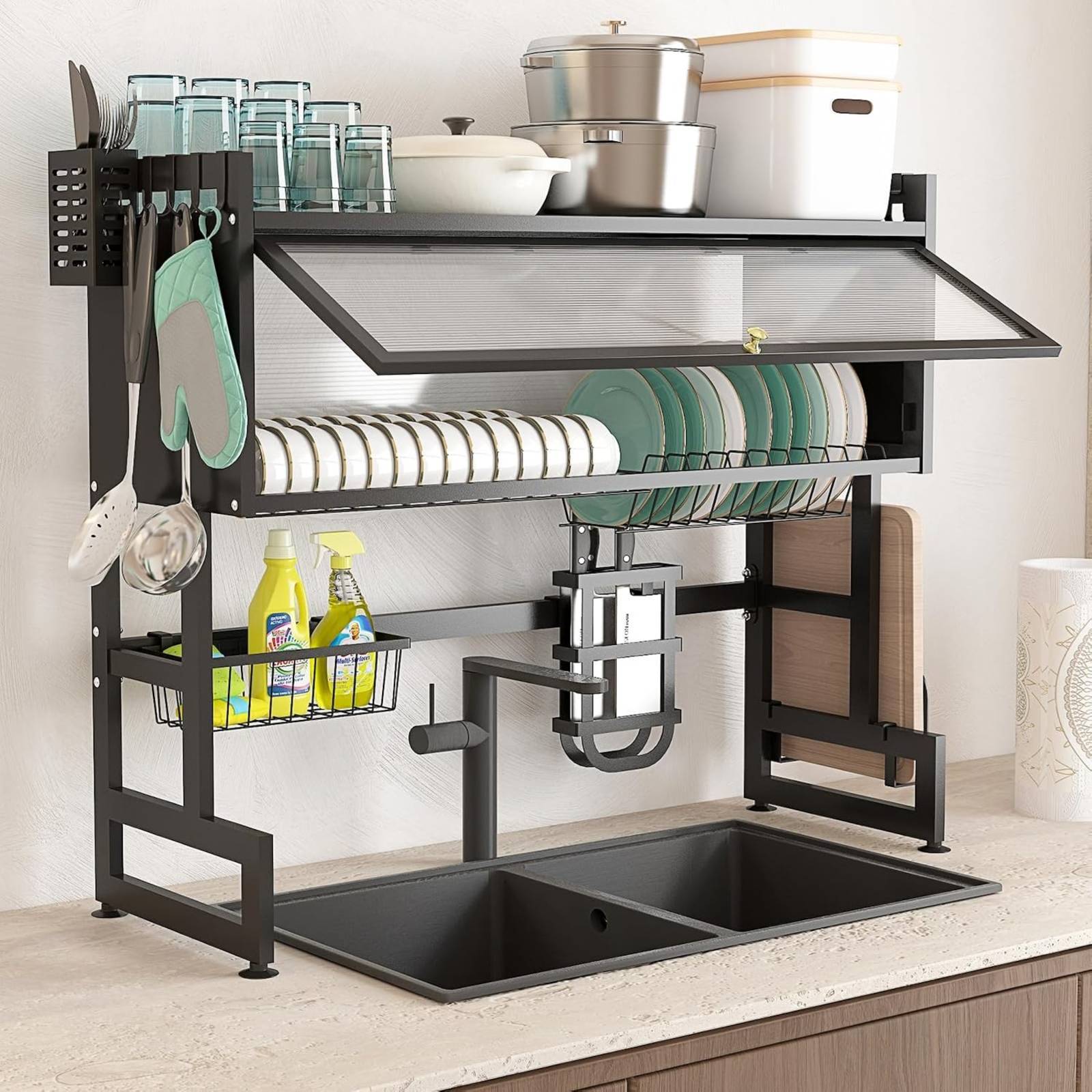 TEMU Over The Sink Dish Drying Rack Carbon Steel Space Saving 2 Tier Above Kitchen Sink Dish Drying Drainer Rack With Cover For Kitchen